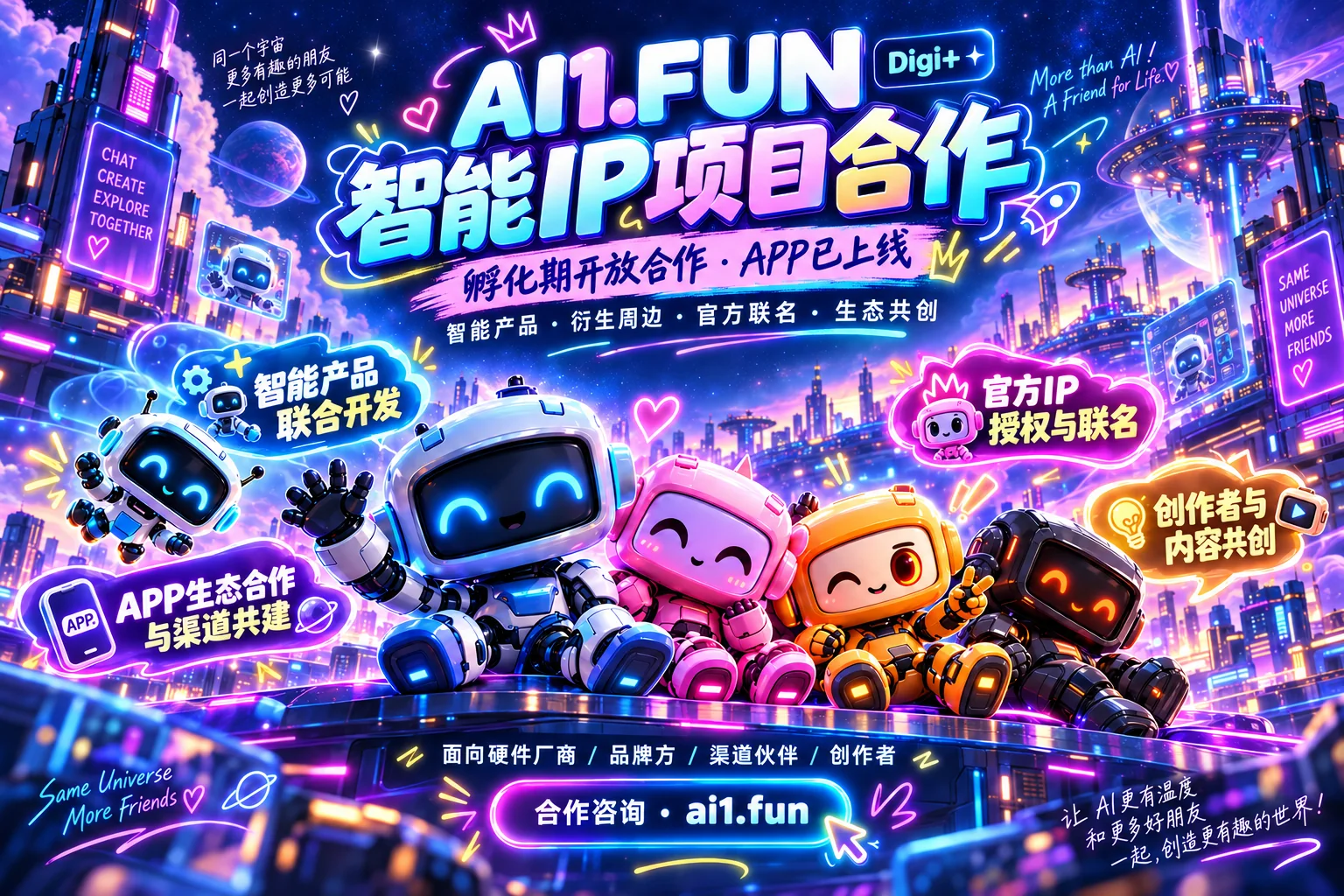 AI1.FUN 智能 IP 项目合作：智能产品联合开发、官方 IP 授权与联名、创作者与内容共创、APP 生态合作与渠道共建。面向硬件厂商、品牌方、渠道伙伴和创作者，开放合作咨询。